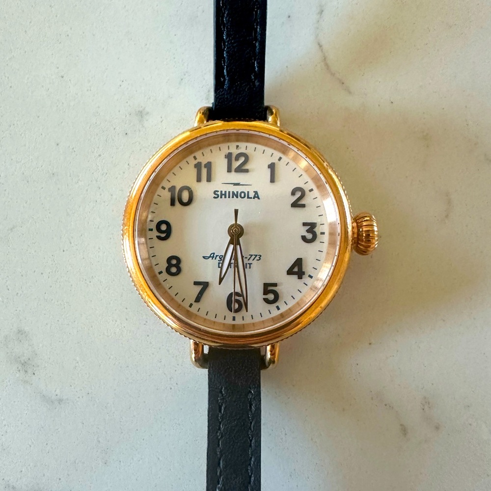 Shinola Birdy rose gold 34mm navy blue leather strap